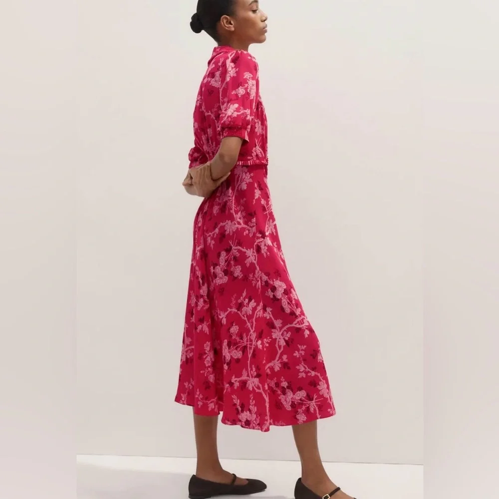 ME+EM 2 Modern Botanical Print Midi Dress Raspberry Red EUC Floral Short Sleeve - Picture 4 of 16
